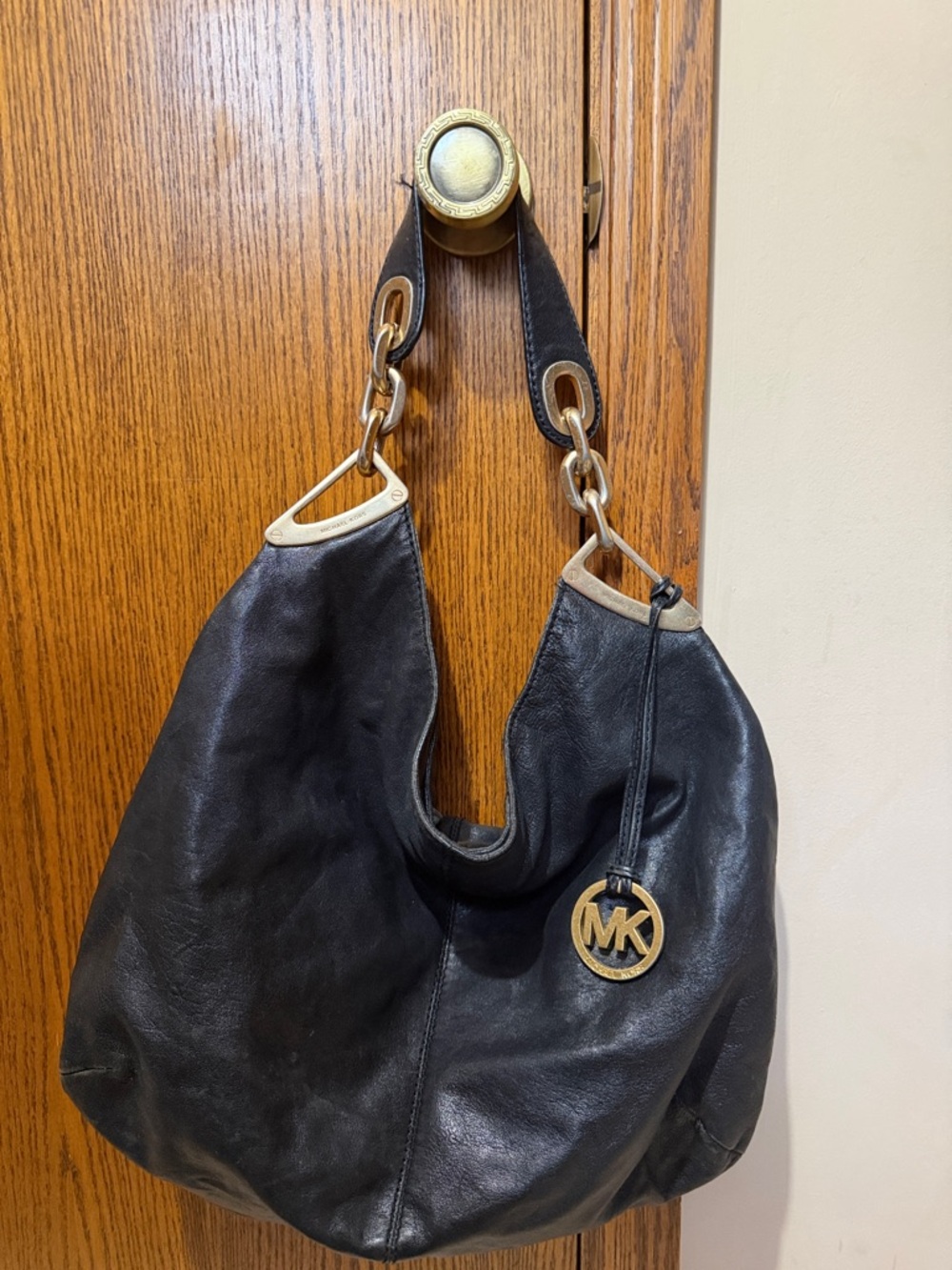 Michael Kors Black Leather Hobo with Gold Hardware